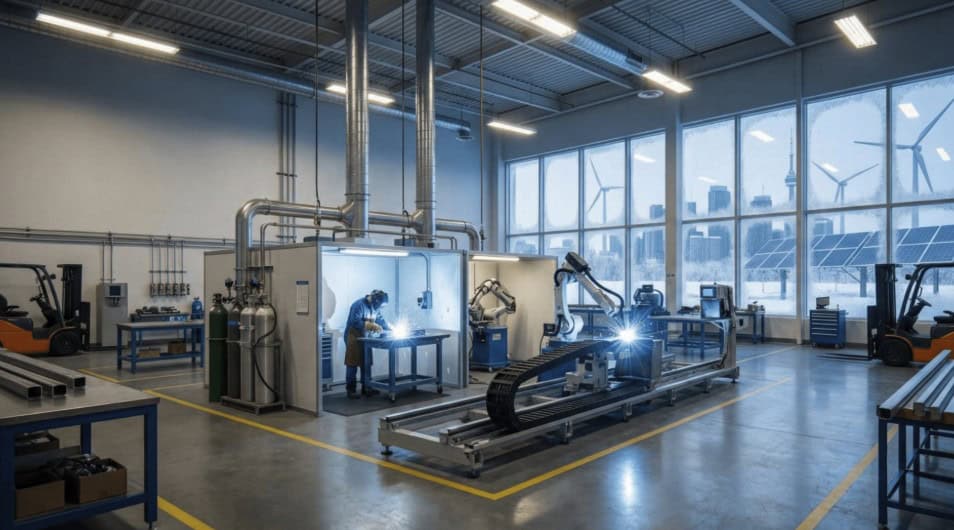 Picture of a welder working in the distance inside of a warehouse.